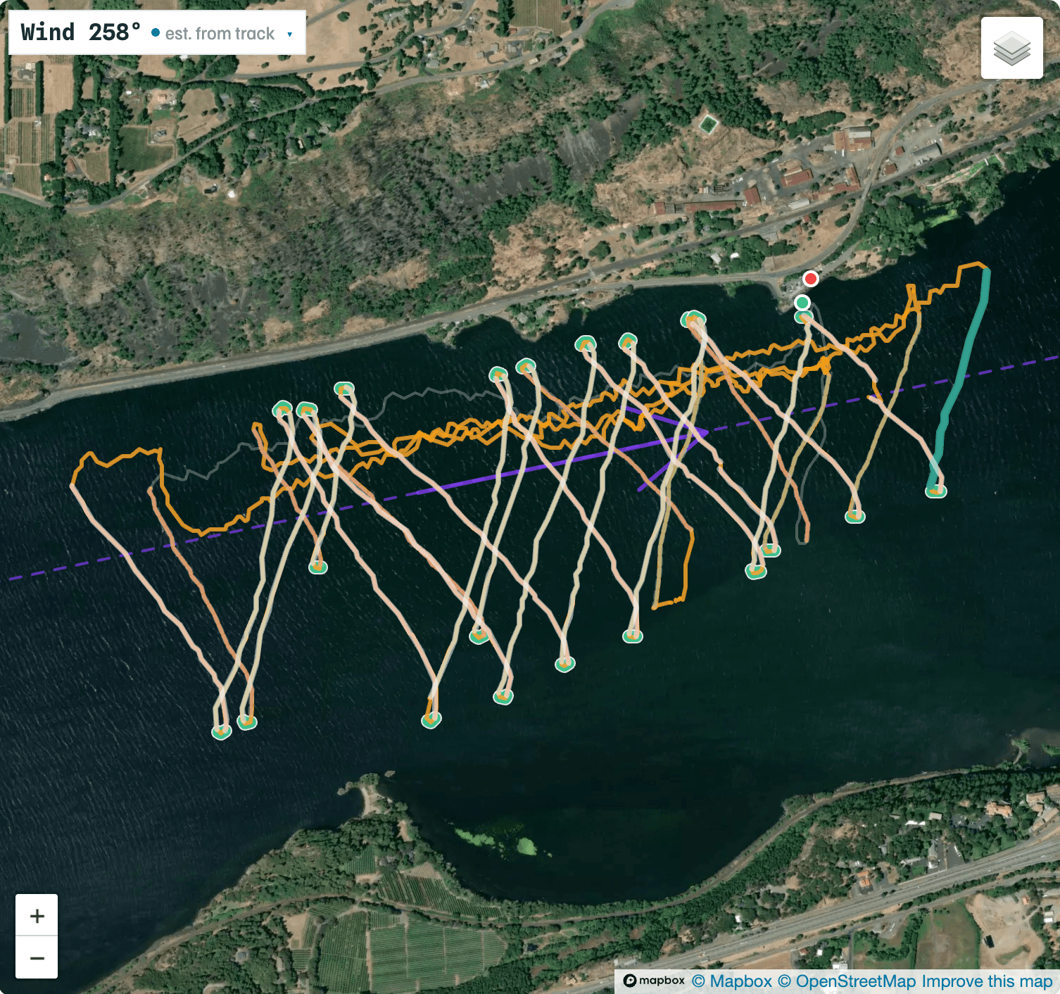 A parawing session at Hood River with climbs, runs, tacks, and gybes drawn over the track beside the session wind estimate