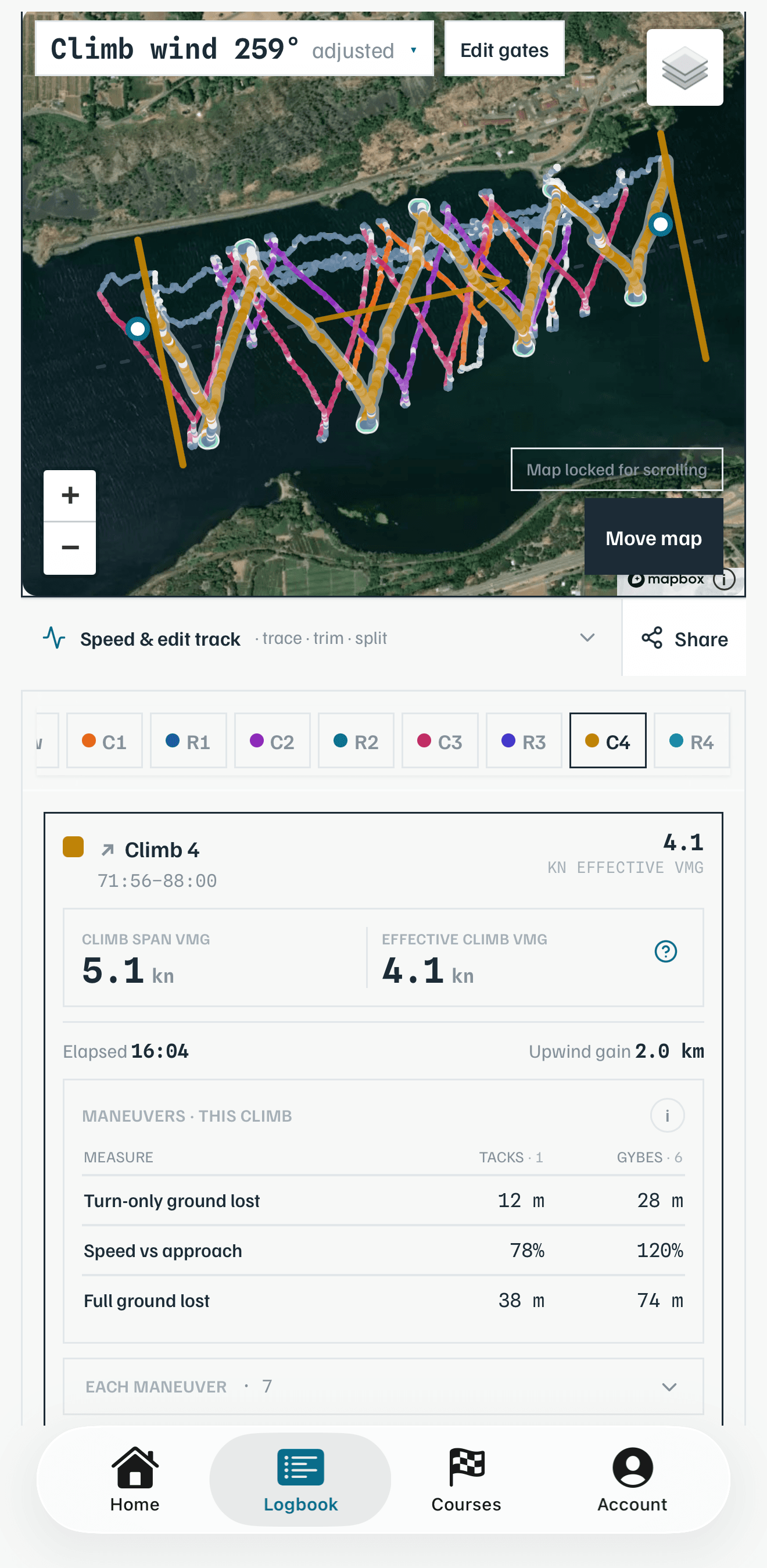 The climb view with four climbs on the map and a selected climb showing span VMG, effective VMG, and maneuver recovery costs