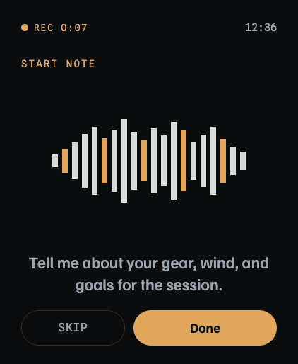 Apple Watch recording a voice note about the rider’s gear, wind, and goals