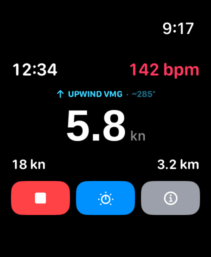 Foil Run on Apple Watch showing live speed, upwind VMG, and heart rate during a climb