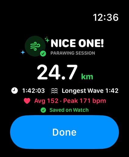 Foil Run on Apple Watch after a ride: session recap with distance, longest wave, and heart rate
