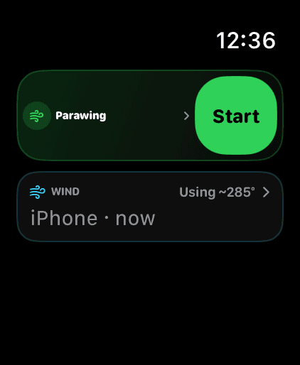Foil Run on Apple Watch before a ride: a one-tap Start card with the apparatus and the wind already set