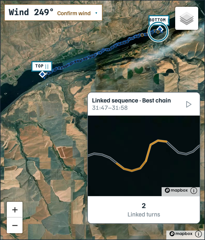 Rufus Run 1 with its two-turn streak highlighted on the full-run map and both turns shown together in the detail inset